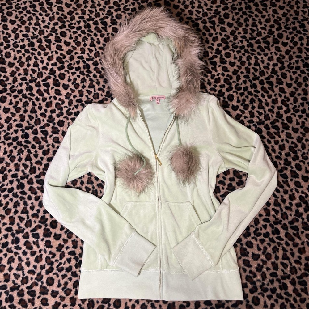 Juicy Couture Light Green Hoodie with Fur trim and pom poms